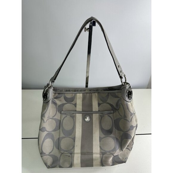 DAMAGED Coach Signature C Monogram Medium Tote Gray White Stripe Down Middle - Picture 1 of 15